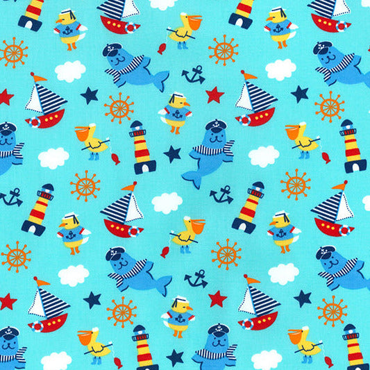 Cotton Poplin Fabric - Children's Nautical Boats Print - Blue