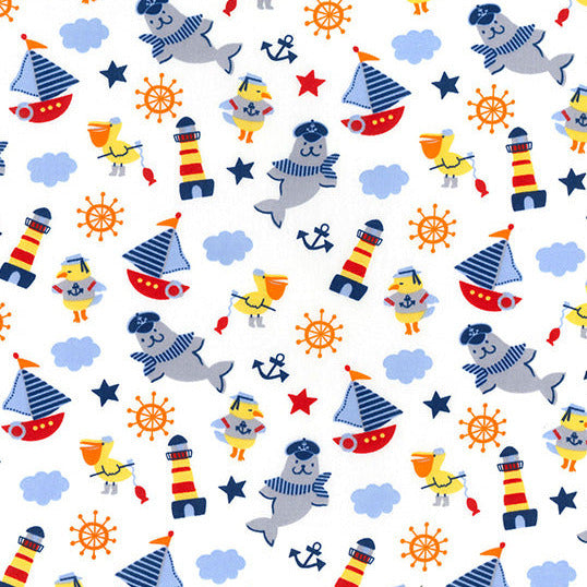 Cotton Poplin Fabric - Children's Nautical Boats Print - White