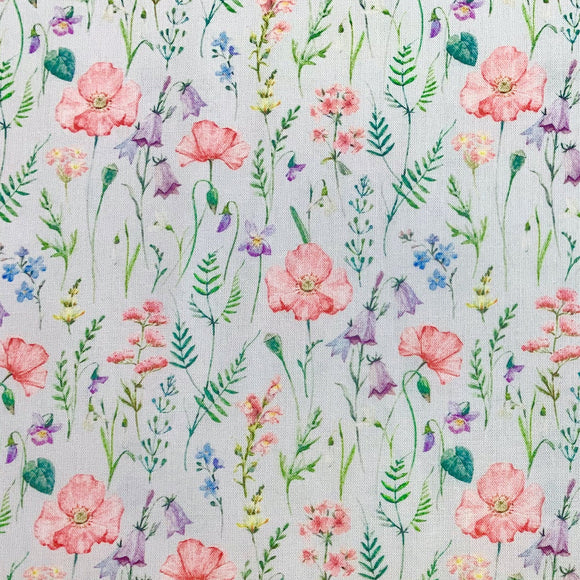 Floral Fabric - Pink & Blue Wild Meadow Flowers on Sky Blue