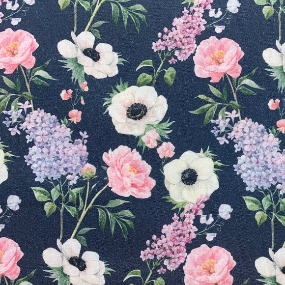 Floral Fabric - Pink Purple Lilacs Flowers on Navy