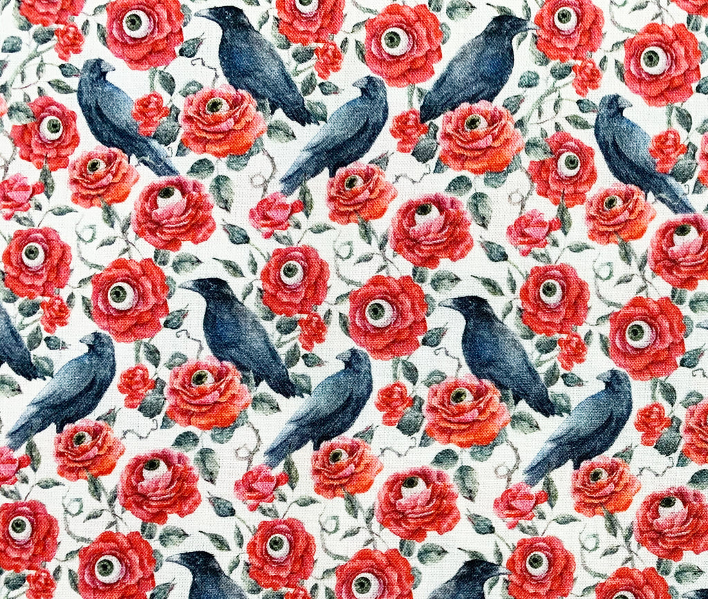 100% Cotton -Black Crows Birds - Red Roses & Eyeballs on White -  60" wide