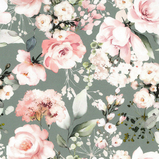 Cotton Canvas Fabric - Pink Rose Floral on Teal