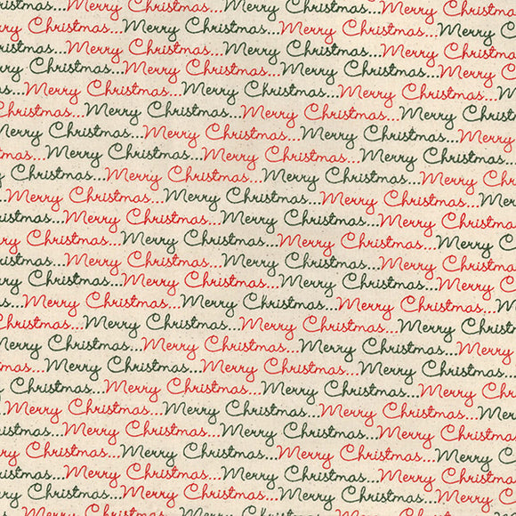 Christmas Fabric - Red & Green Merry Christmas on Natural - 100% Cotton Fabric