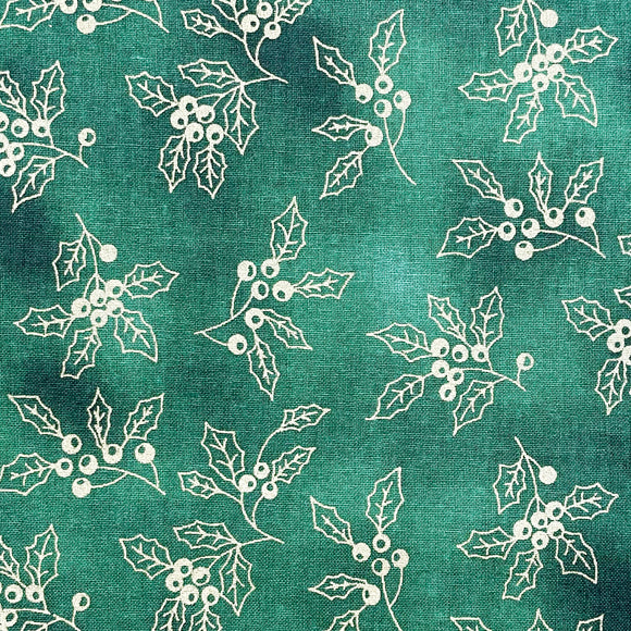 Christmas Fabric - Metallic Gold Christmas Holly & Berries on Green - Cotton Fabric