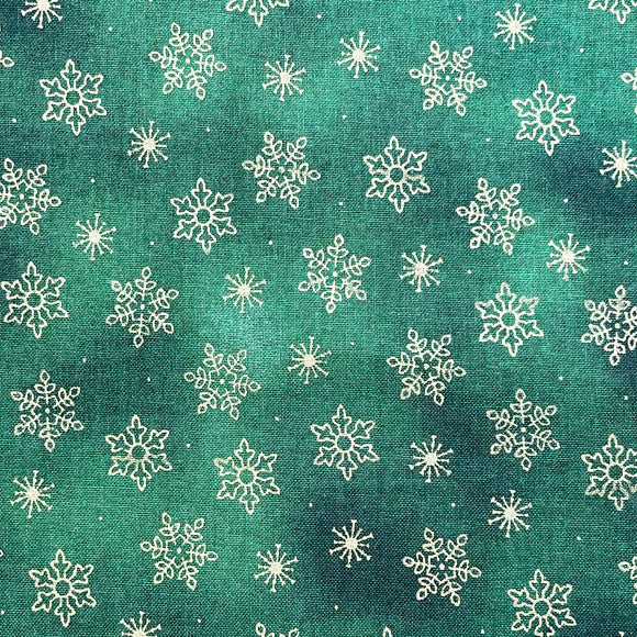 Christmas Fabric - Metallic Gold Christmas Snowflakes on Green - Cotton Fabric