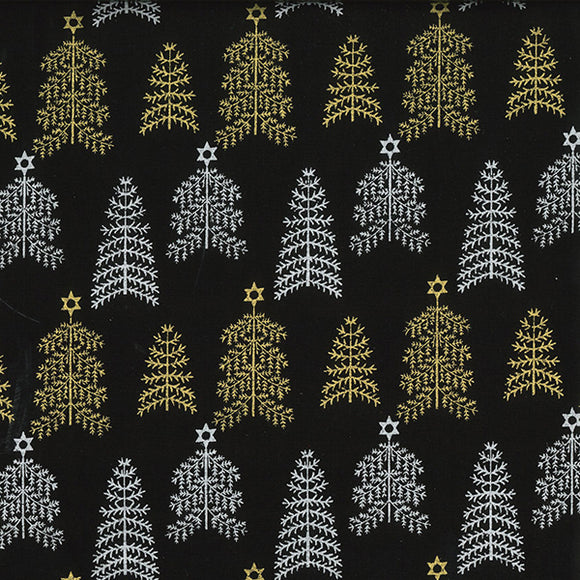 Christmas Fabric - Silver & Gold Glitter Xmas Trees on Black - 100% Cotton Fabric