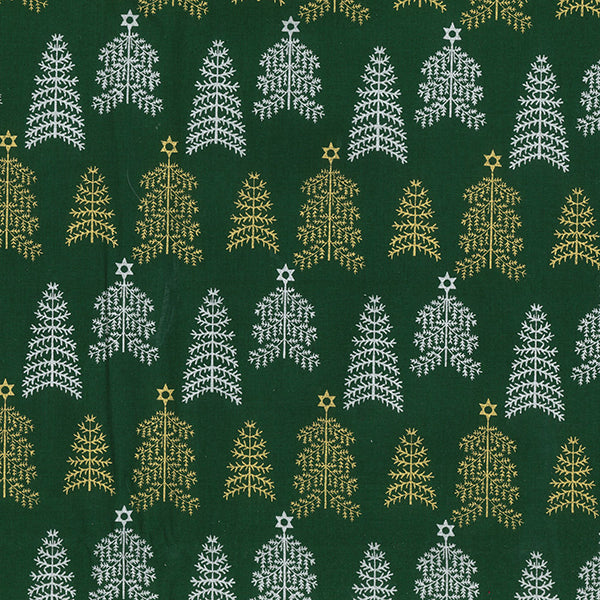 Christmas Fabric - Silver & Gold Glitter Xmas Trees on Green - 100% Cotton Fabric