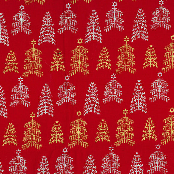 Christmas Fabric - Silver & Gold Glitter Xmas Trees on Red - 100% Cotton Fabric