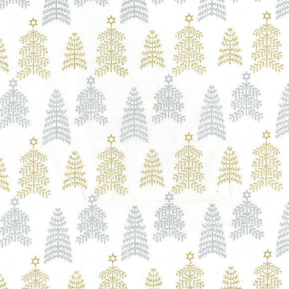 Christmas Fabric - Silver & Gold Glitter Xmas Trees on White - 100% Cotton Fabric