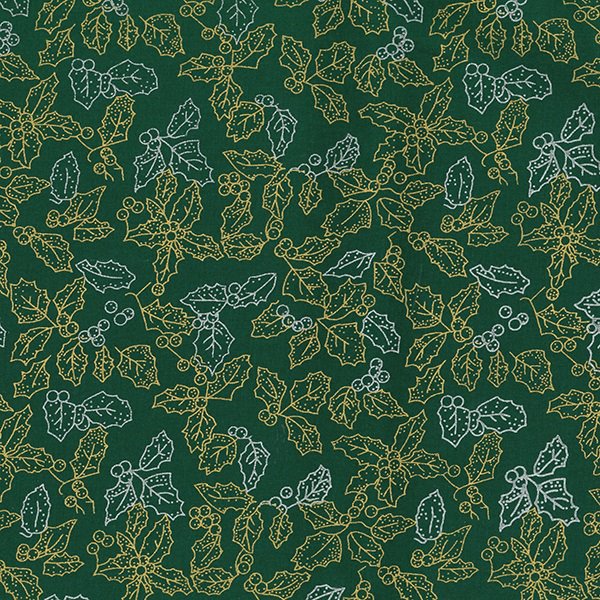 Christmas Fabric - Metallic Gold & Silver Holly Leaves on Green - 100% Cotton Fabric