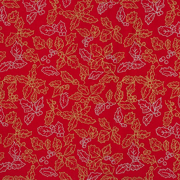 Christmas Fabric - Metallic Gold & Silver Holly Leaves on Red - 100% Cotton Fabric