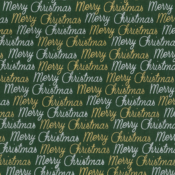 Christmas Fabric - Gold & Silver Foil Merry Christmas on Green - 100% Cotton Fabric