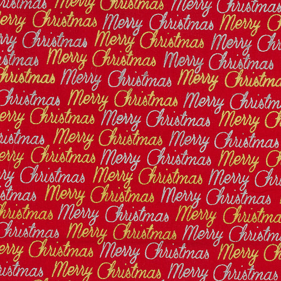 Christmas Fabric - Gold & Silver Foil Merry Christmas on Red - 100% Cotton Fabric