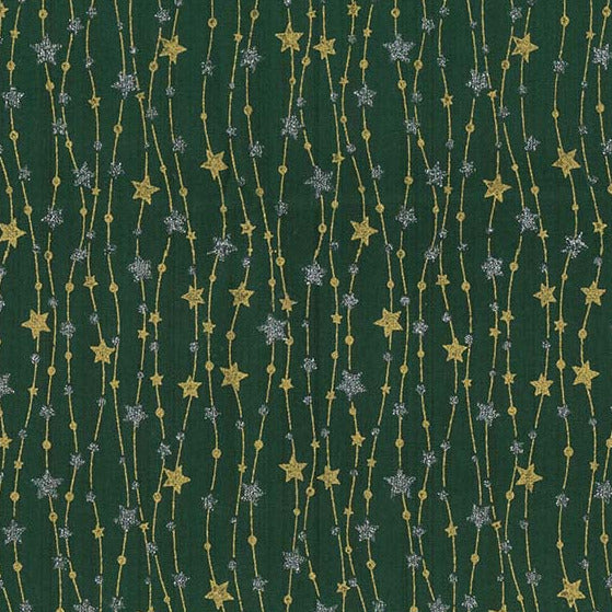Christmas Fabric - Silver & Gold Glitter Stars on Green - 100% Cotton Fabric