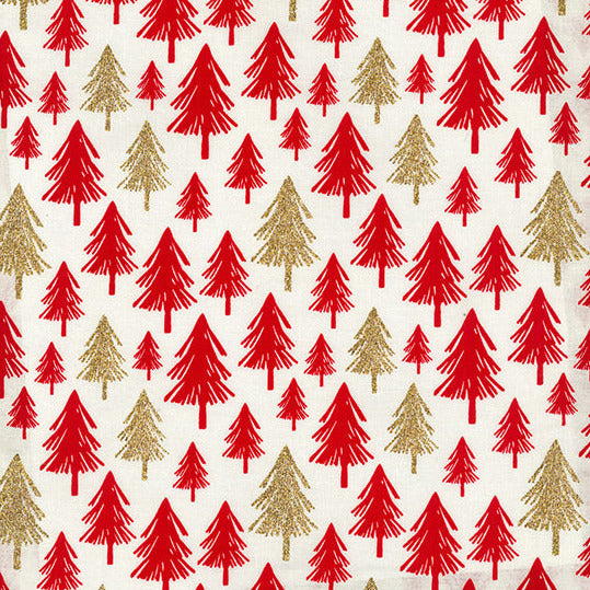 Christmas Fabric - Red & Gold Glitter Xmas Trees on Cream - 100% Cotton Fabric