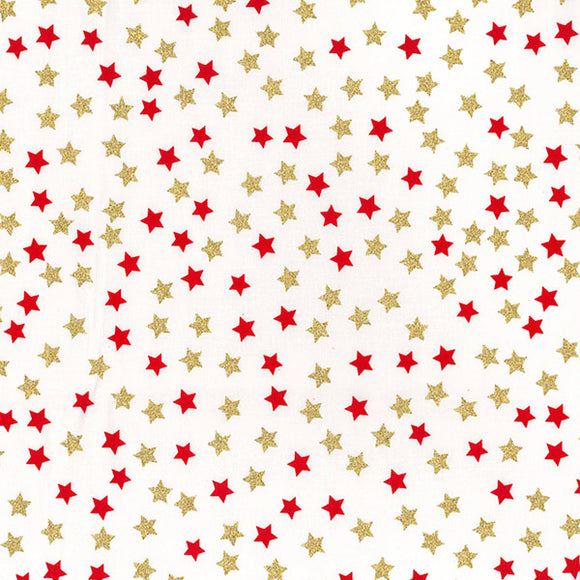 Christmas Fabric - Red & Gold Glitter Stars on Ivory - 100% Cotton Fabric