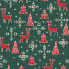 Christmas Fabric - Red Reindeers & Snowflakes on Green - 100% Cotton Fabric