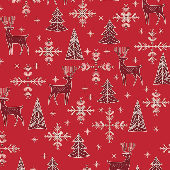 Christmas Fabric ~ Reindeers & Christmas Trees on Red ~ Cotton Prints
