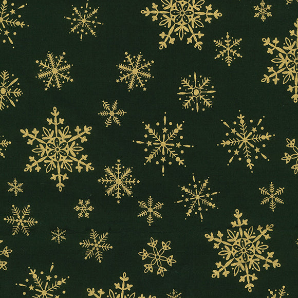 Christmas Fabric - Gold Snowflakes on Green - 100% Cotton Fabric