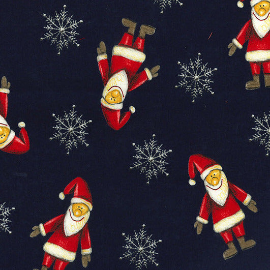 Christmas Fabric - Cute Santa & Snowflake on Navy Blue - Craft Fabric Material Metre