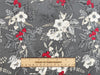 Christmas Fabric - White Flowers Mistletoe Holly & Red Berries on Silver Grey- 100% Cotton Fabric