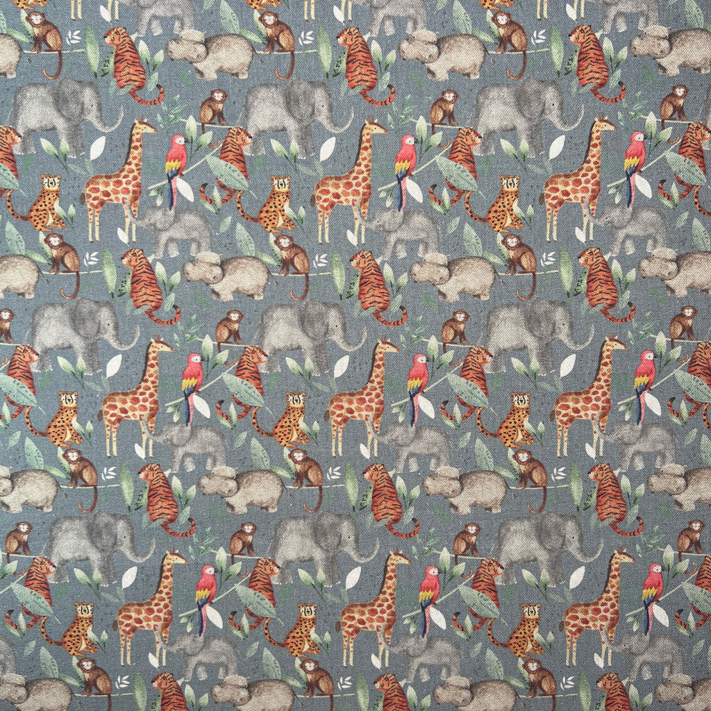 Cotton Panama Canvas Fabric - Rainforest Animals on Steel Grey Background