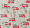 Cotton Panama Canvas Fabric - Red Fire Engines on Linen Background