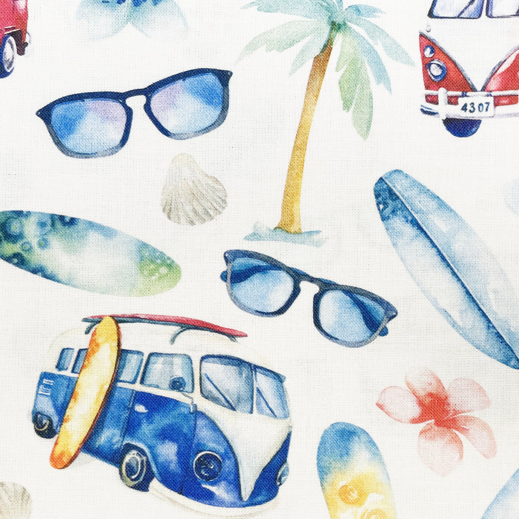 Rose & Hubble Digital Cotton Prints - Surfs Up! Camper Van, Surf Board & Palm Trees