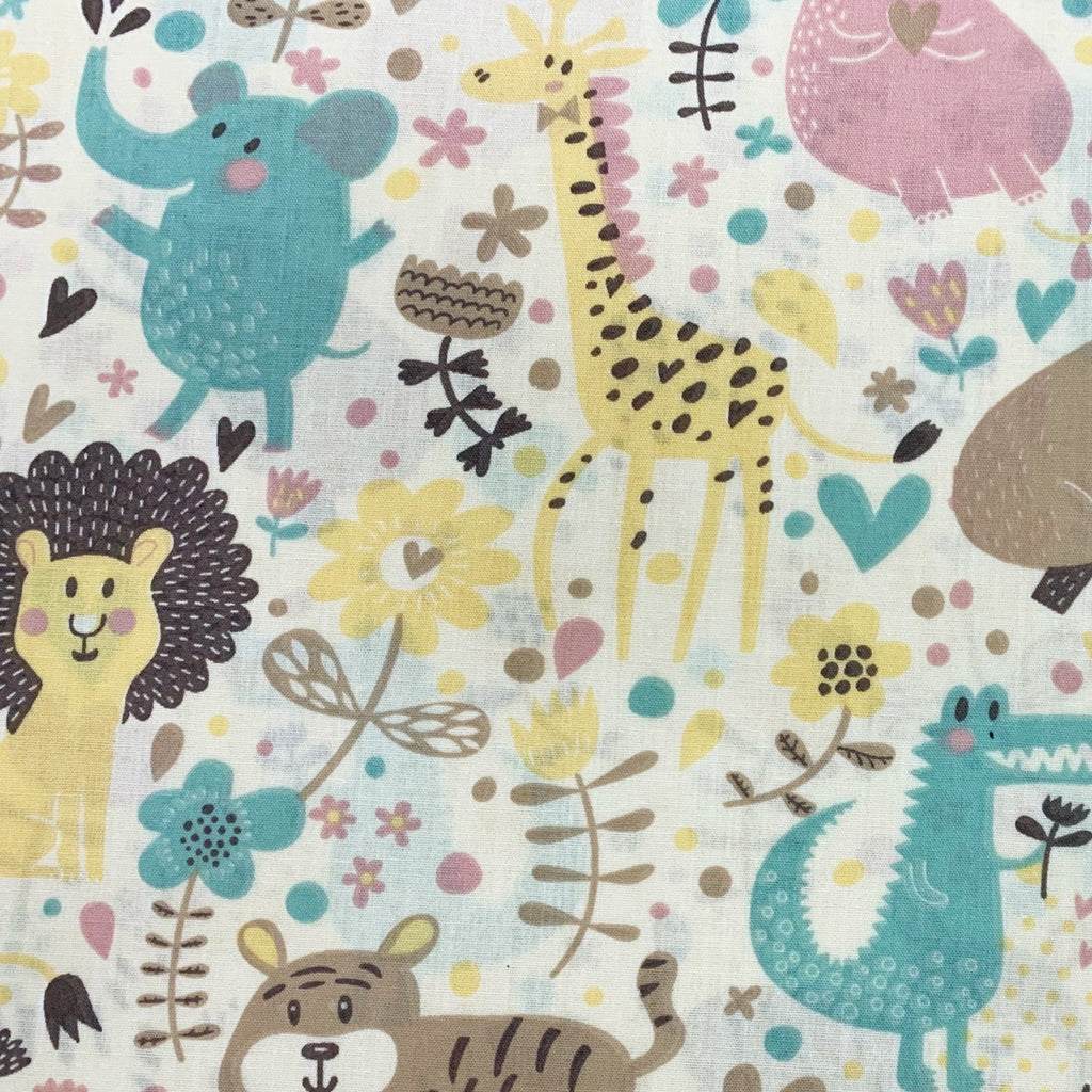 Childrens Fabric ~ Cute Safari Animals on Cream ~ Polycotton Prints