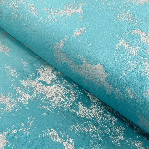 Upholstery Fabric - Avalon Marbled Velour Velvet - Teal & Silver